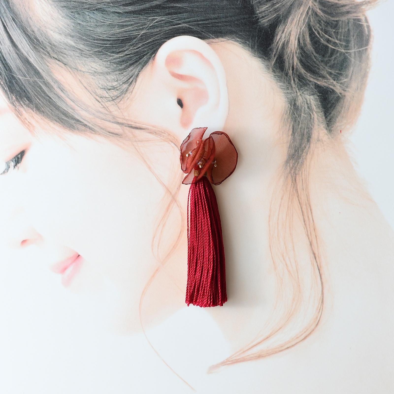 あき　シフォンタッセルピアス・イヤリング/ワインレッド | 6枚目